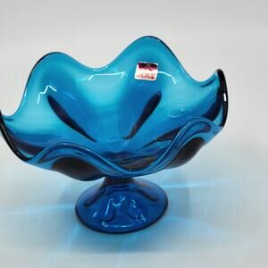 Vintage Mid-Century Viking 6 Petal Electric Blue Glass Compote Dish Hand made